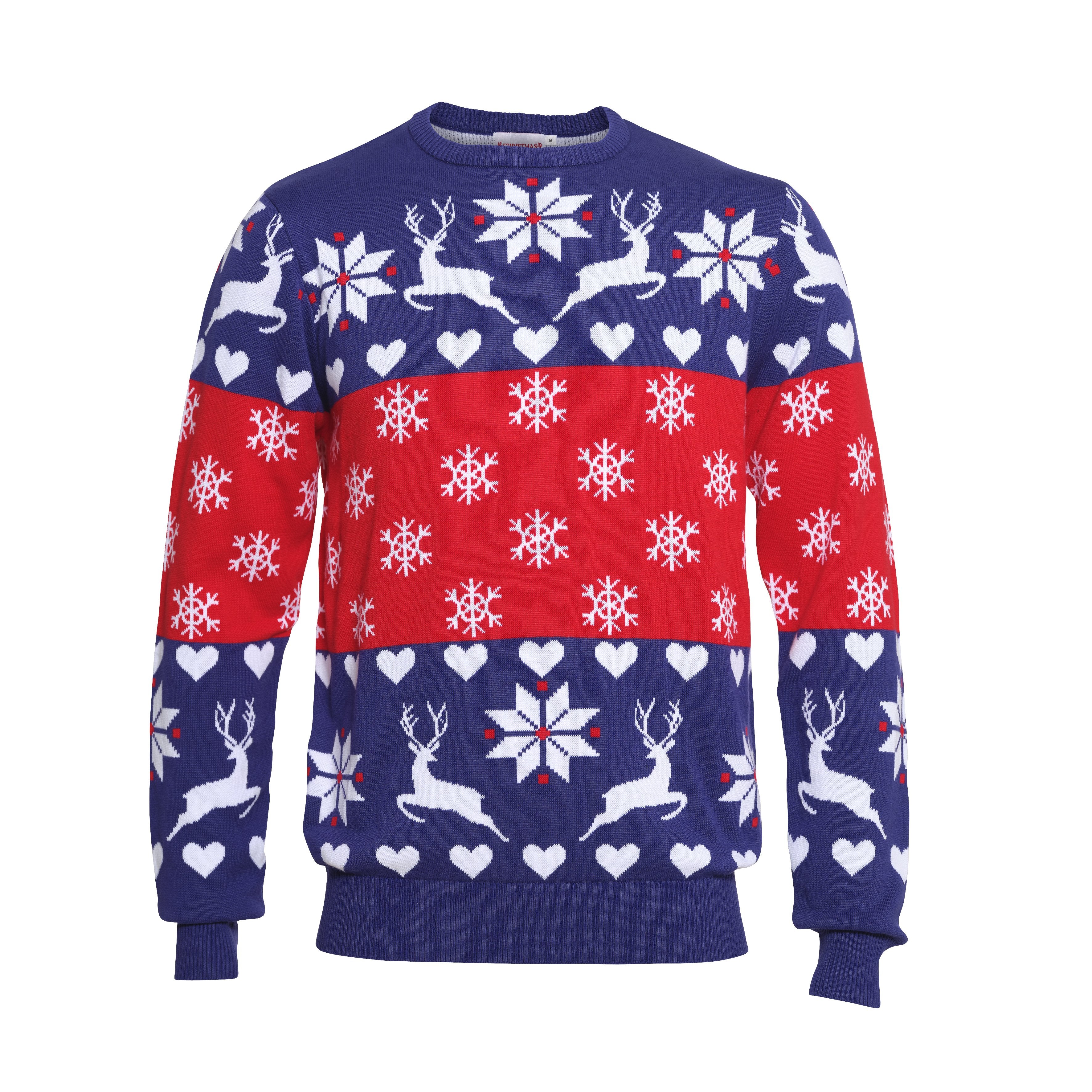 Un pull de Noël bleu et rouge avec des rennes et un motif de Noël.